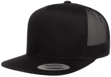Load image into Gallery viewer, Yupoong Flat Bill Trucker Solid Color Snap-back Embroidery