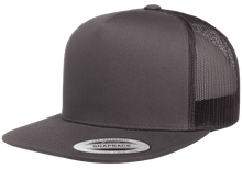 Load image into Gallery viewer, Yupoong Flat Bill Trucker Solid Color Snap-back Embroidery