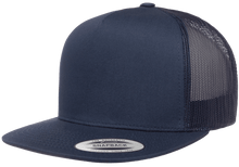 Load image into Gallery viewer, Yupoong Flat Bill Trucker Solid Color Snap-back Embroidery